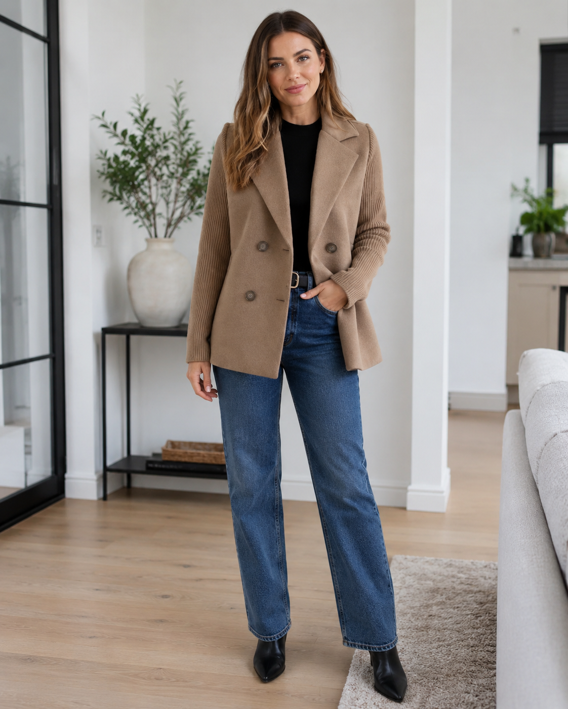 Sasha Casual Knit-Sleeve Blazer Coat