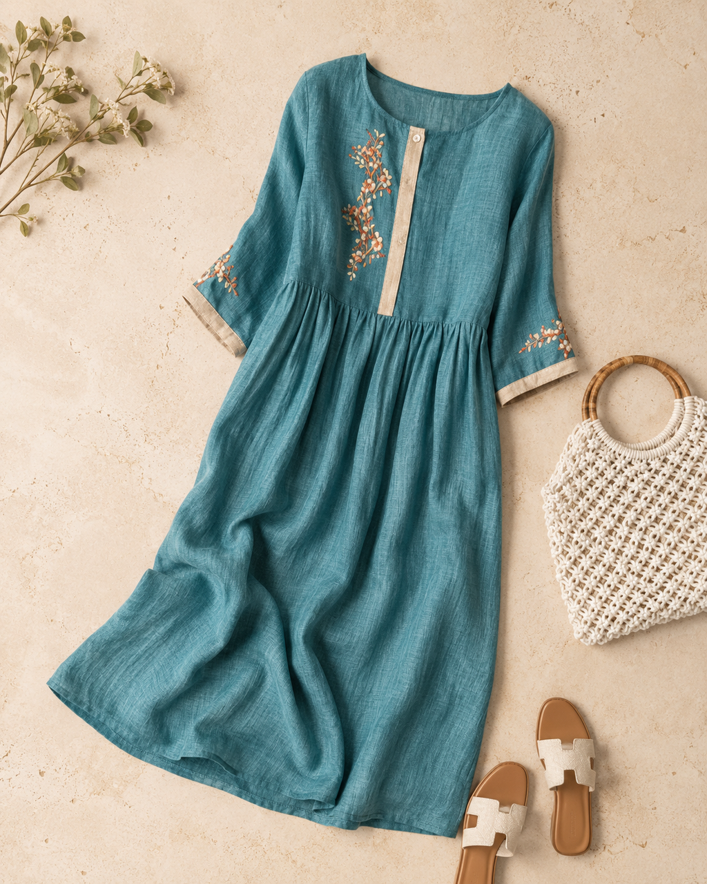 Elara Embroidered Linen Dress