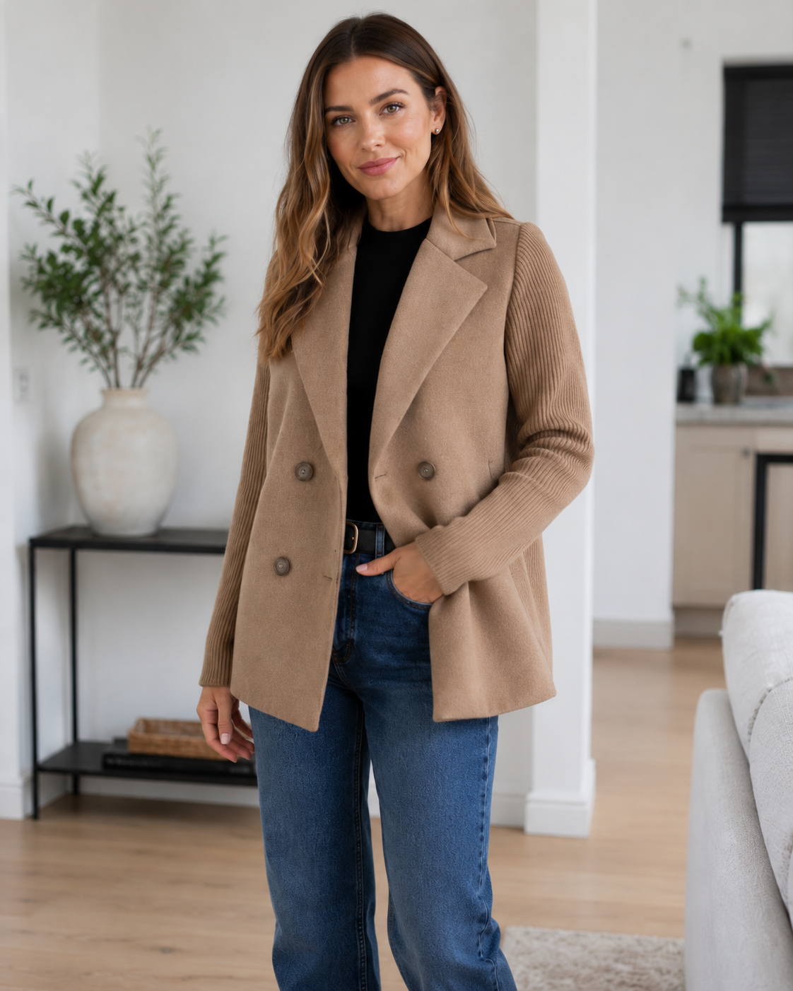 Sasha Casual Knit-Sleeve Blazer Coat