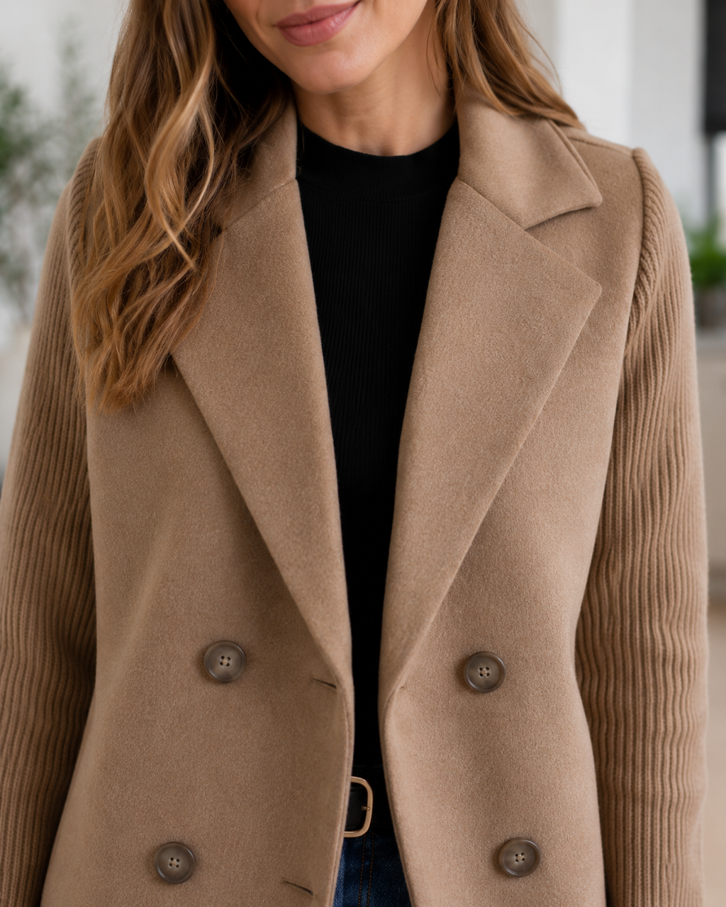 Sasha Casual Knit-Sleeve Blazer Coat