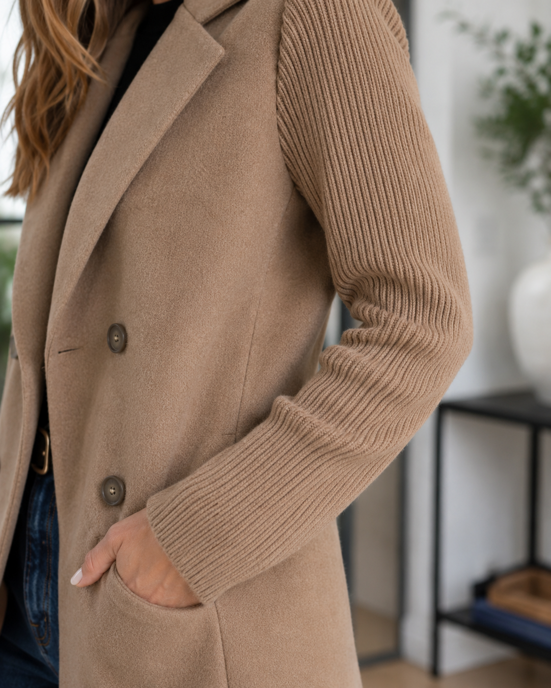 Sasha Casual Knit-Sleeve Blazer Coat