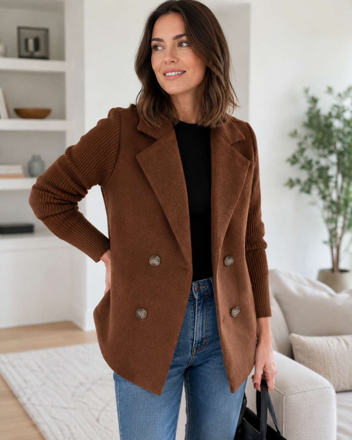 Sasha Casual Knit-Sleeve Blazer Coat
