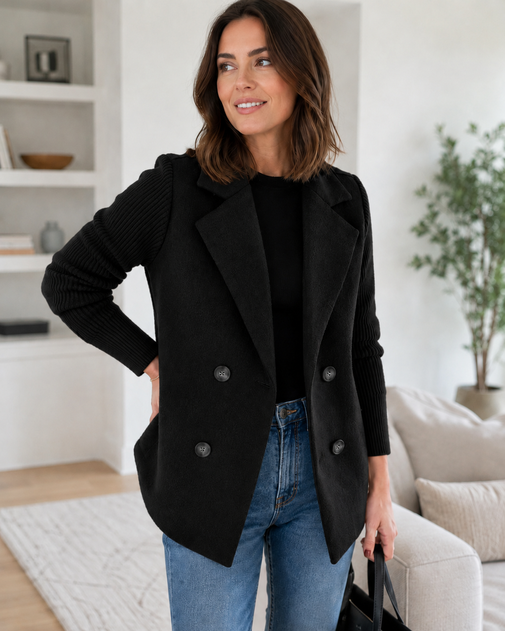 Sasha Casual Knit-Sleeve Blazer Coat