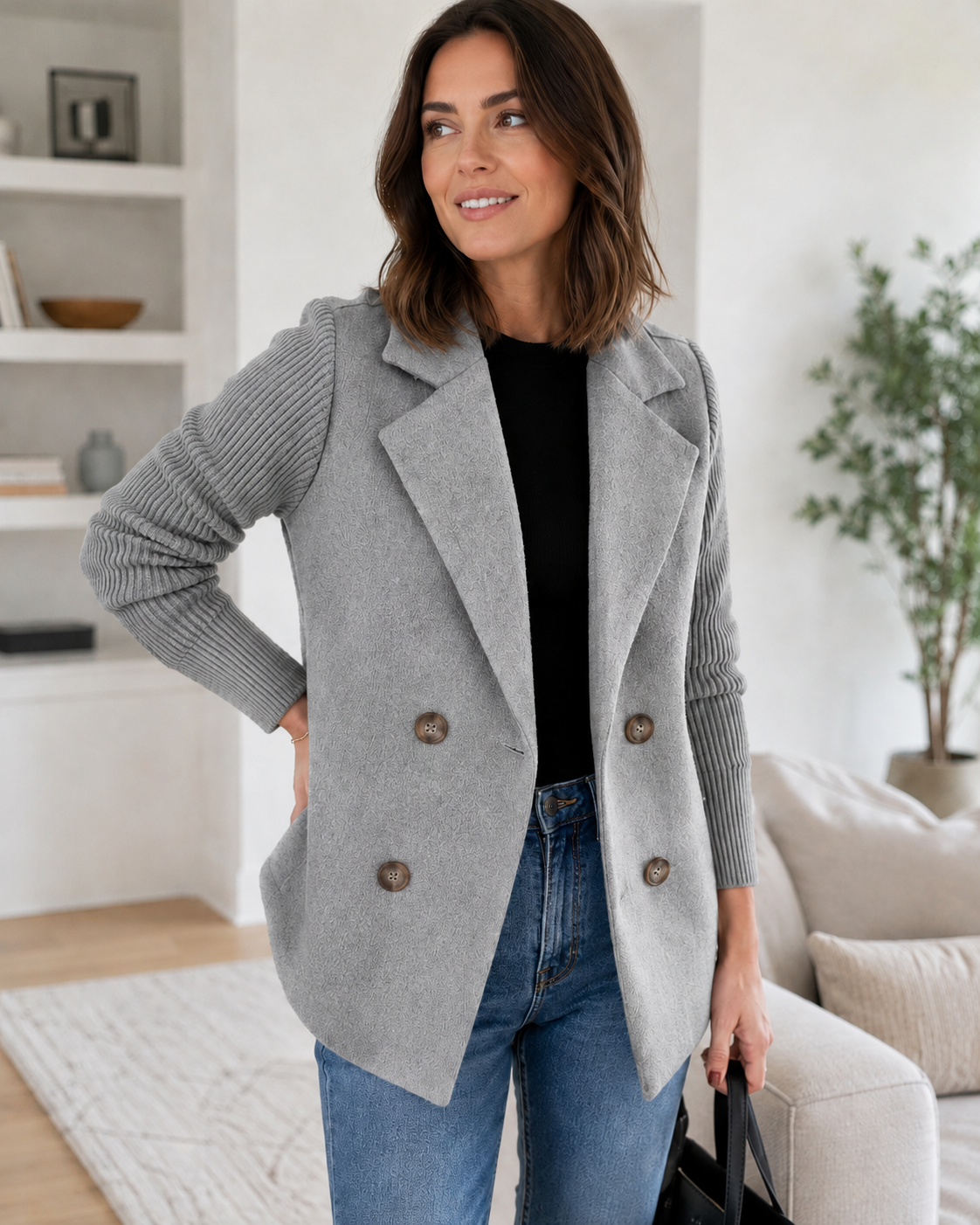 Sasha Casual Knit-Sleeve Blazer Coat