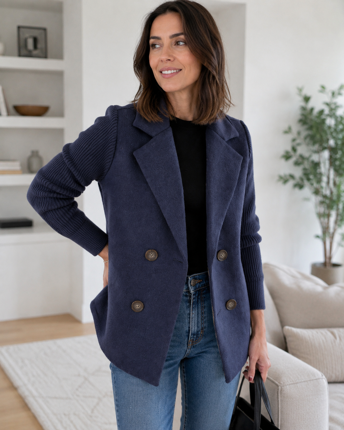Sasha Casual Knit-Sleeve Blazer Coat