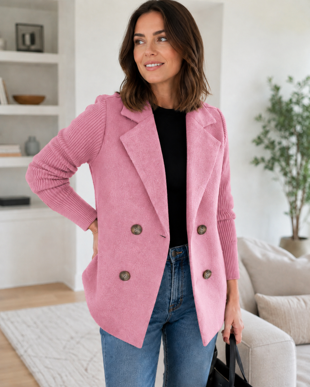 Sasha Casual Knit-Sleeve Blazer Coat