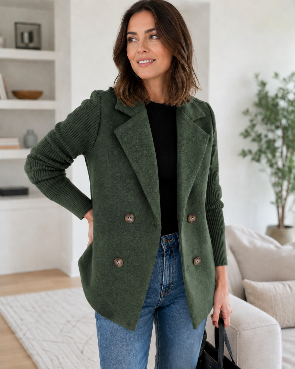 Sasha Casual Knit-Sleeve Blazer Coat