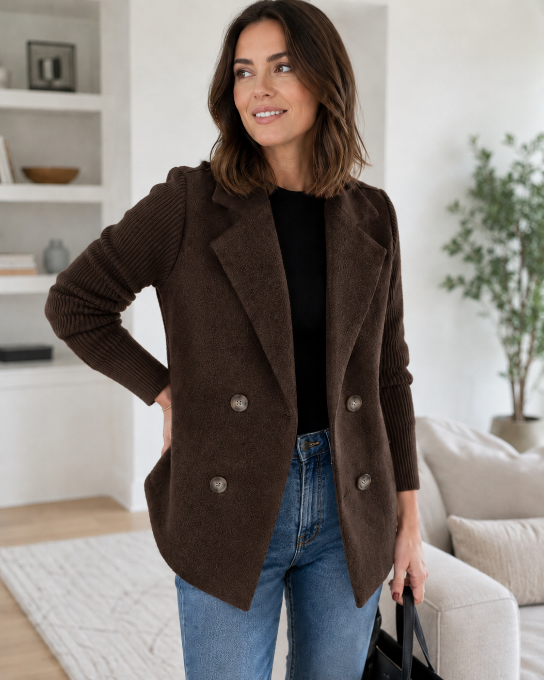 Sasha Casual Knit-Sleeve Blazer Coat