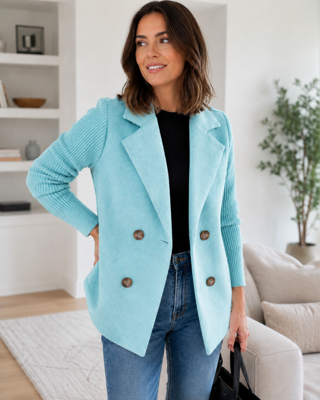Sasha Casual Knit-Sleeve Blazer Coat