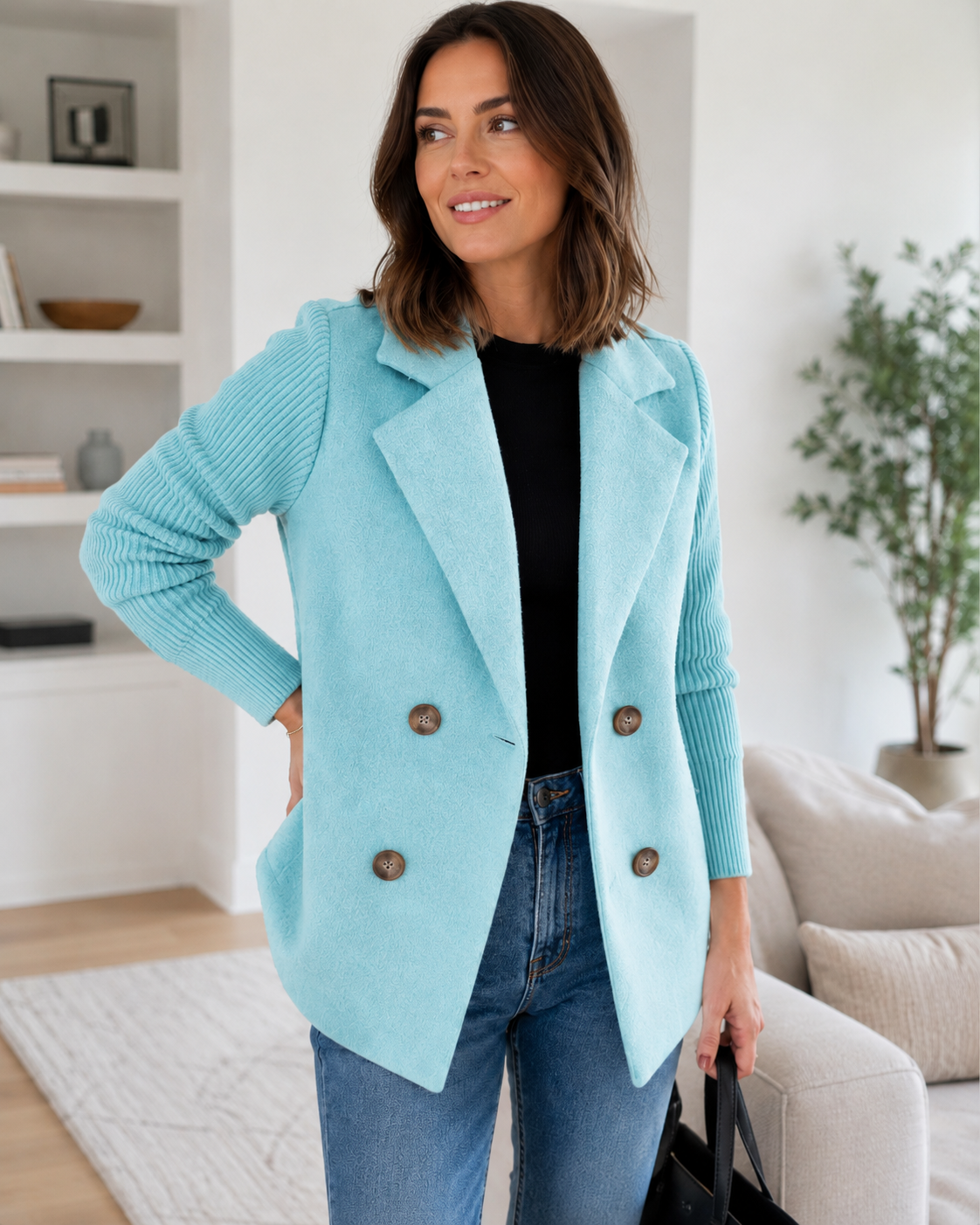 Sasha Casual Knit-Sleeve Blazer Coat