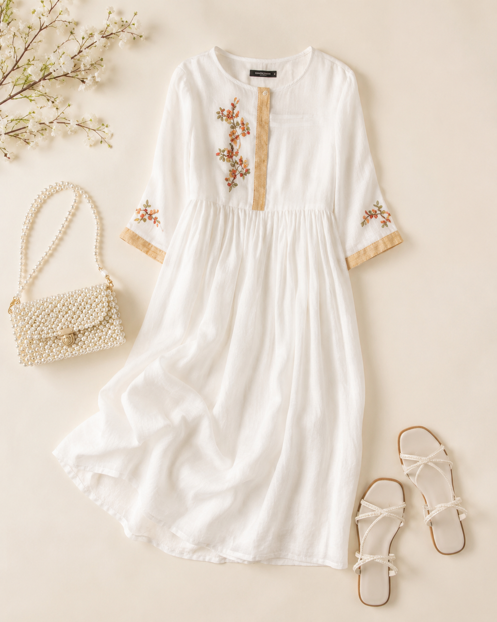 Elara Embroidered Linen Dress