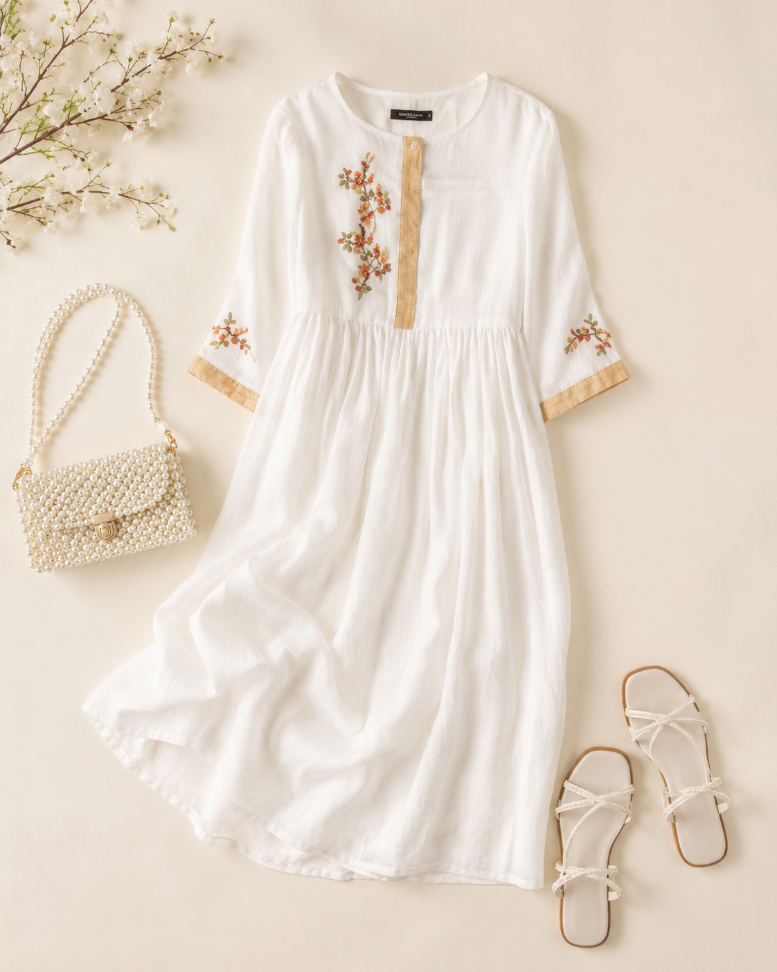 Elara Embroidered Linen Dress