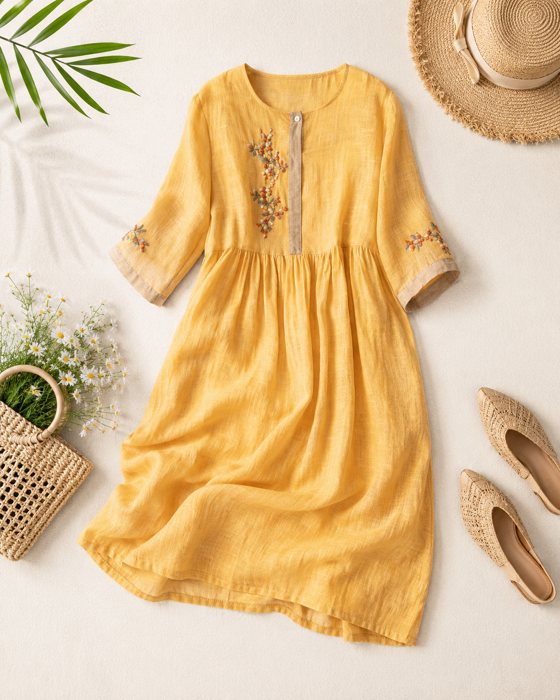 Elara Embroidered Linen Dress