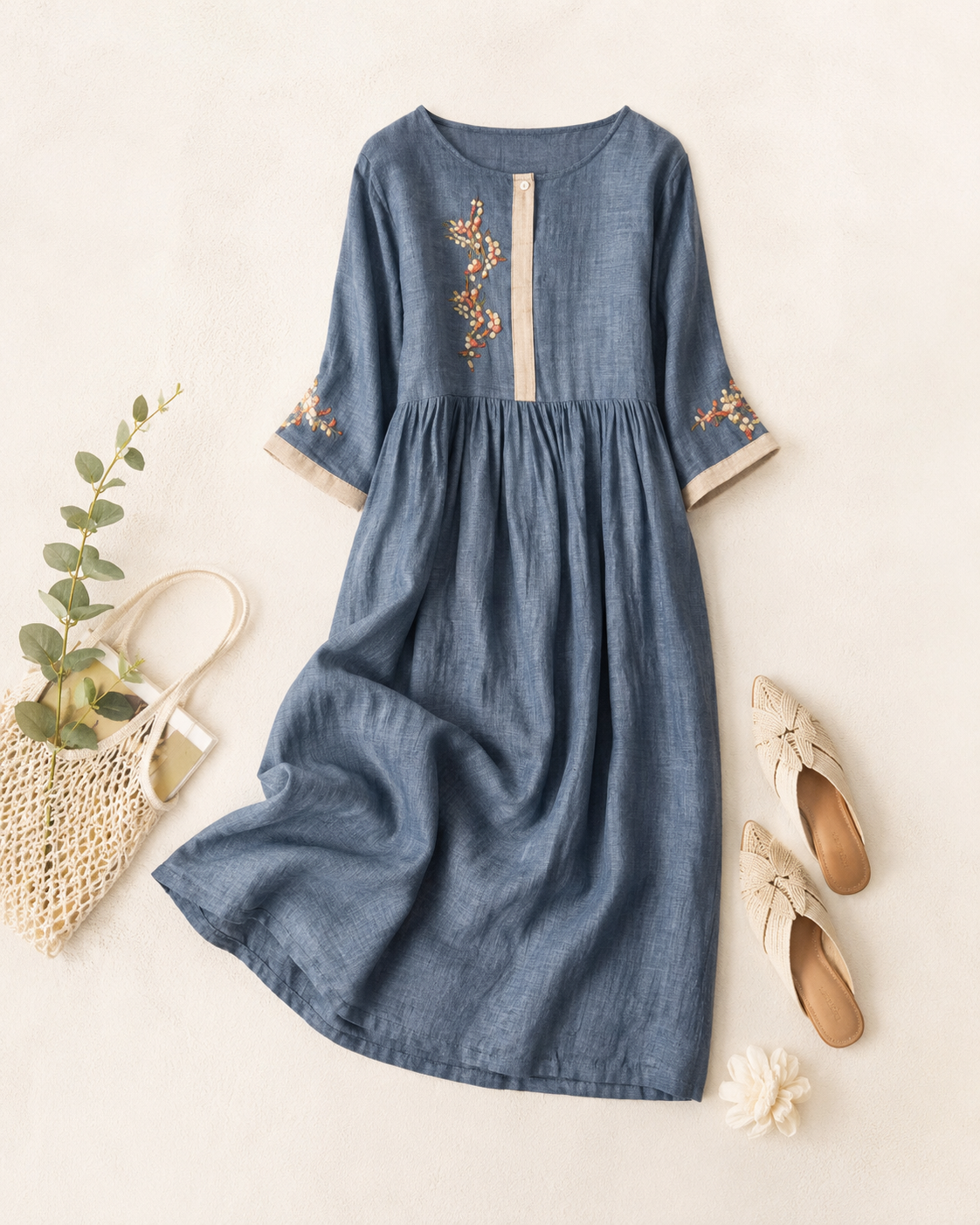 Elara Embroidered Linen Dress