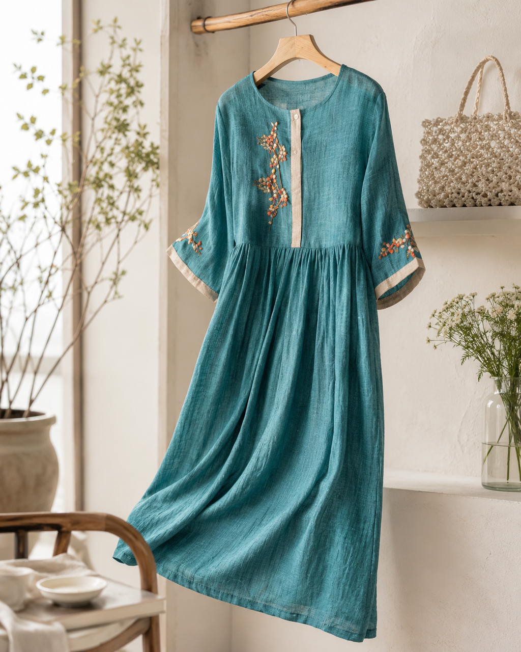 Elara Embroidered Linen Dress