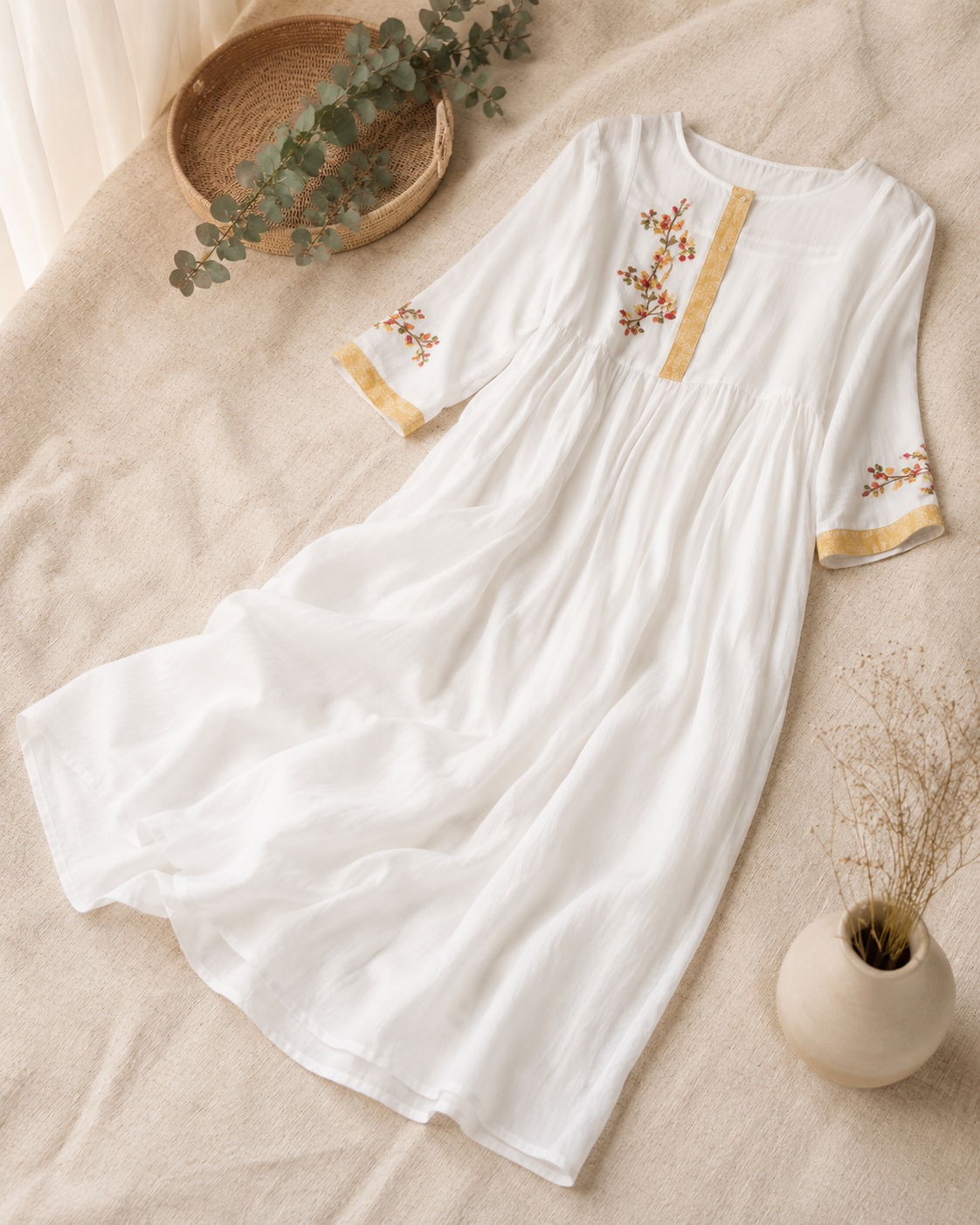 Elara Embroidered Linen Dress