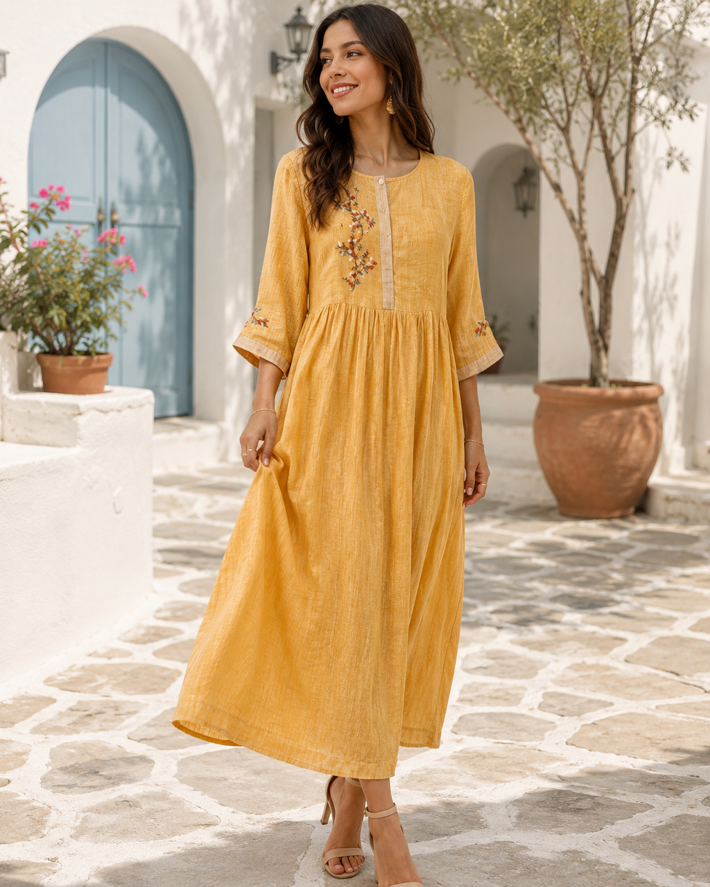 Elara Embroidered Linen Dress